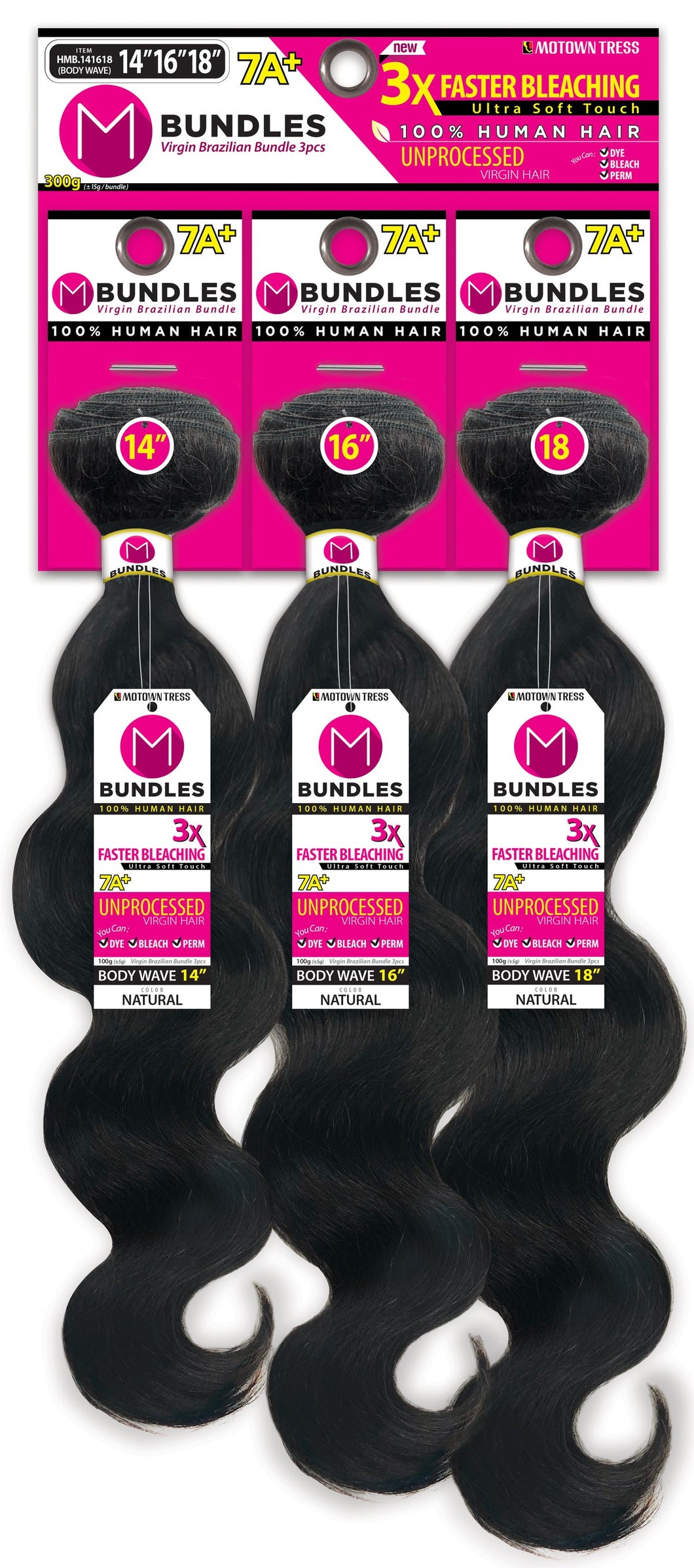 3 Bundle 100% Unprocessed Virgin Human Hair Grade 7A+ by Motown Tress